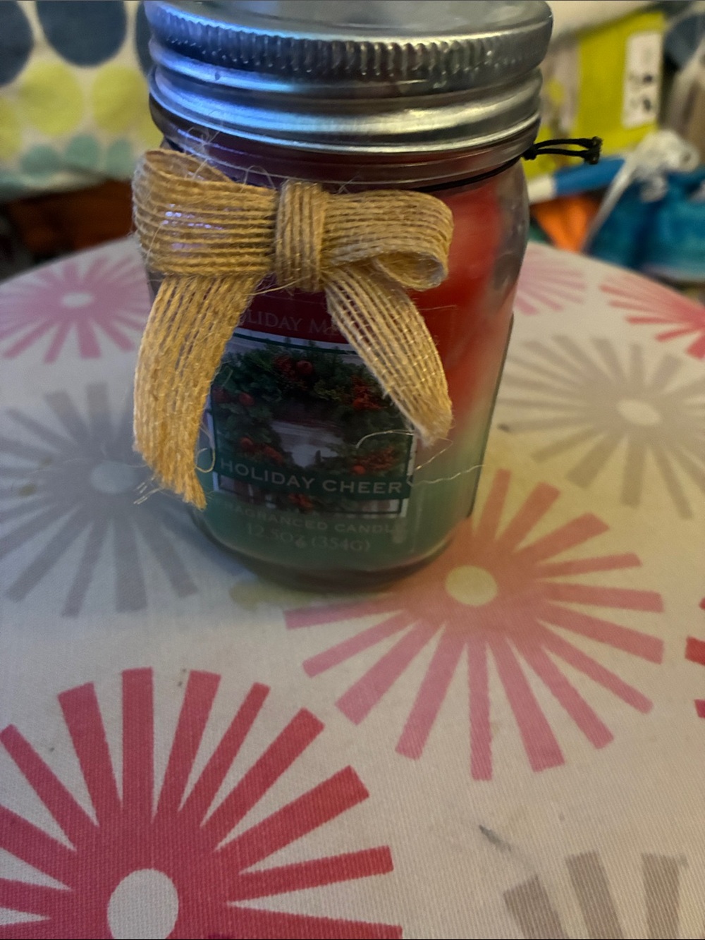 Holiday Cheer Red and Green Scented Jar Candle with Burlap Bow